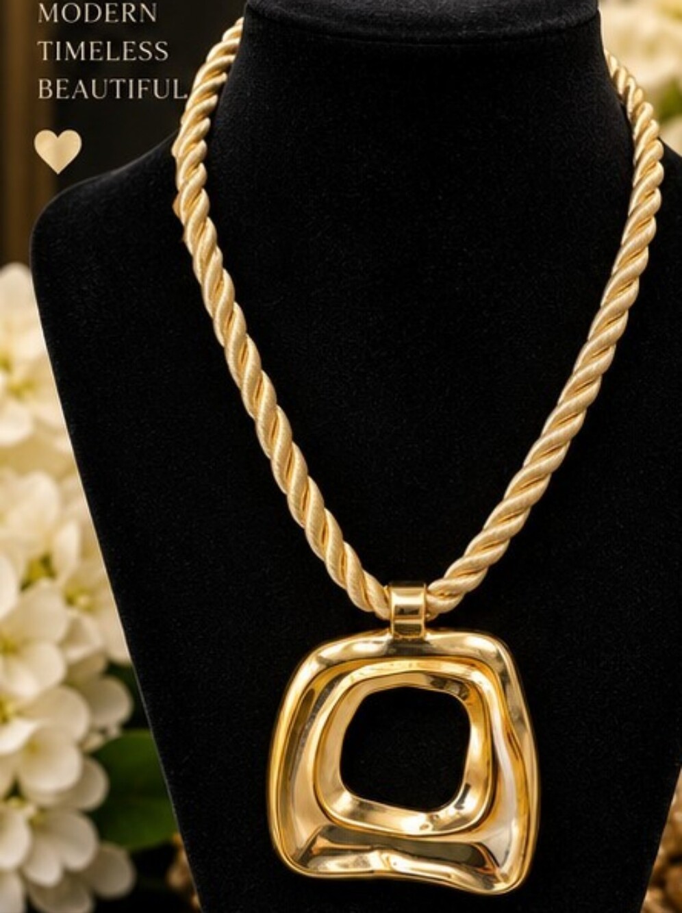 Gold Tone Sculptural Modernist Pendant Necklace Twisted Cord Statement 18"